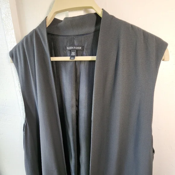Eileen Fisher Gray Silk Drape Front Long Vest Sleeveless Cardigan Size Medium